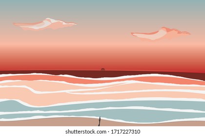 Un hombre parado en la playa al atardecer.