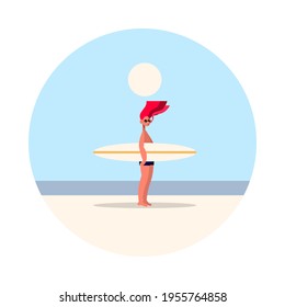 A man standing on the beach with a surfboard minimal vector.