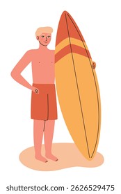 Man standing on the beach with a surfboard. Flat vector illustration.