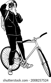 Man standing on bicycle take a picture Hand drawn line art illustration	
