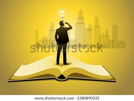 Man standing on big open book and looking up with light bulb above it, knowledge, idea, intelligent concept