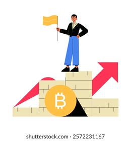 Man Standing On Bitcoin Blocks With Flag In Flat Vector Illustration Symbolizing Cryptocurrency, Financial Success, And Innovation, Isolated On White Background