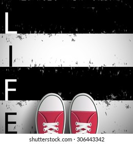 Man standing on black and white lines with the word life. Stock vector image.