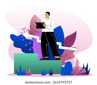 A man standing on blocks holding a tablet, surrounded by leaves and an upward arrow, flat style on a gradient background. Concept of business growth. Vector illustration