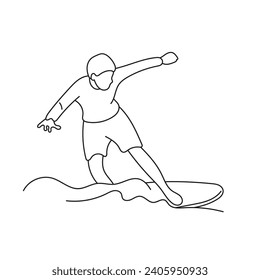 hombre de pie a bordo de la captación de la velocidad de cabalgadura de la ola en el agua del mar ilustración vectorial dibujado a mano aislado en fondo blanco