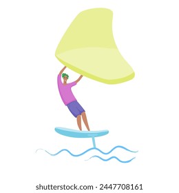 Man standing on a board, holds onto a wing and moves the board across the water. Wing foiling sport. Vector isolated color illustration.