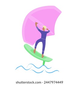 Man standing on a board, holds onto a wing and moves the board across the water. Wing foiling sport. Vector isolated color illustration.