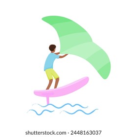 Man standing on a board, holds onto a wing and moves the board across the water. Wing foiling sport. Vector isolated color illustration.