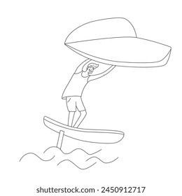 Man standing on a board, holds onto a wing and moves the board across the water. Wing foiling sport. Vector isolated  illustration in line style.