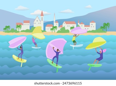 Man standing on a board, holds onto a wing and moves the board across the water. Seascape with wing foiling people. Vector color illustration.