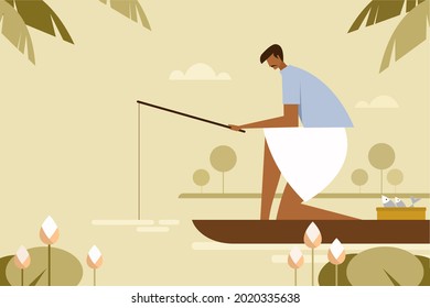A man standing on a boat and fishing in the water using a traditional fishing rod. A rural scene from Kerala, India