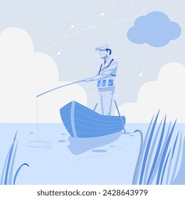 man standing on a boat fishing daylight in a pond lake , relaxing and enjoying