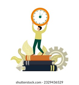 Man standing on books and holding clock. Worker performing duties on time, developing, learning and working. Time management concept, planning events on calendar. Vector illustration in flat design