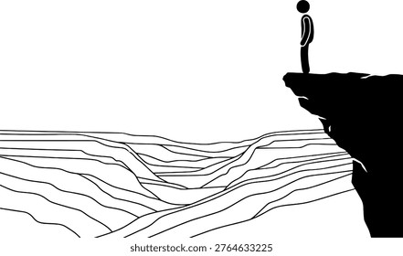 Man Standing on Cliff Edge Looking at Landscape Horizon Minimal Concept Illustration