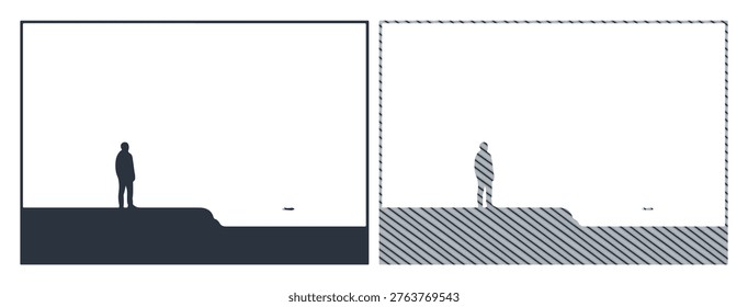 Man standing on cliff looking at boat simple isolated vector art, minimalist landscape design.