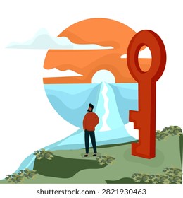Man standing on a cliff next to a huge red key looking at a sunset landscape and river. Life goals, vision, unlocking future, and freedom vector.