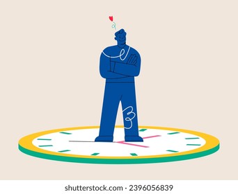 Hombre de pie en reloj. Gestión del tiempo. Ilustración vectorial colorida
