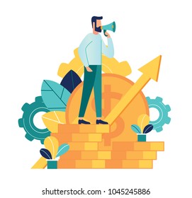 man standing on coins speaks into megaphone man standing on coins speaks into megaphone