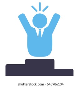 Man standing on competition winner podium flat vector icon
