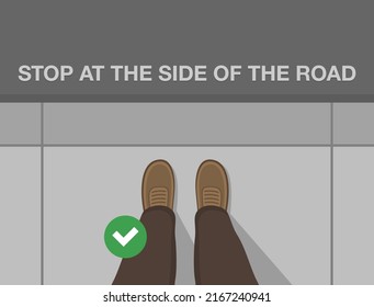 Hombre parado en una acera de hormigón. Para a un lado de la carretera. Vista superior. Plantilla de ilustración vectorial plana.