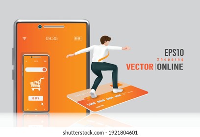 A man standing on credit card for shopping online concept design,3d vector
