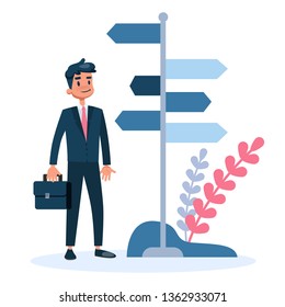 Man standing on the crossroads and thinking. Businessman choose direction of the way. Difficult choice of future strategy. Isolated vector illustration in cartoon style