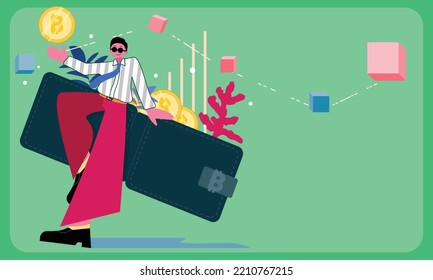 Man standing on crypto wallet with blockchain background