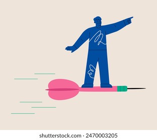 Mann, der auf Darts fliegt, geht zum Ziel. Farbenfrohe Vektorillustration