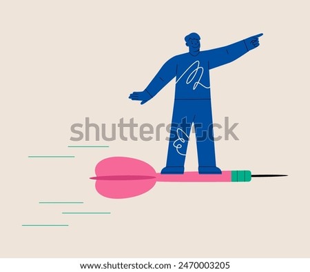 Man standing on darts flying go to target goal. Colorful vector illustration