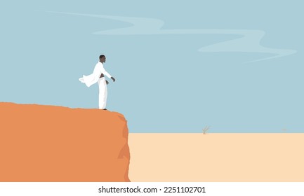 Man Standing On a Desert Cliff Facing The Wind With White Suit Blowing In The Wind Success Business Wealth