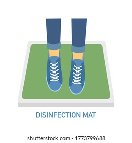 Man standing on disinfection mat to clean shoe from Covid-19 coronavirus and bacteria. Healthcare concept vector illustration on white background.