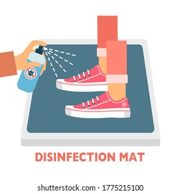 Man standing on disinfection mat to clean shoe from Covid-19 coronavirus and bacteria. Hand holding disinfecting alcohol bottle spraying to clean shoe. Healthcare concept vector illustration.