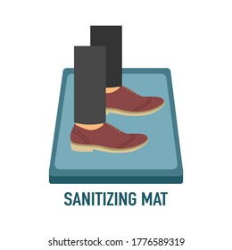 Man standing on disinfection mat to clean shoe from Covid-19 coronavirus and bacteria. Healthcare concept vector illustration on white background.