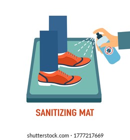 Man standing on disinfection mat to clean shoe from Covid-19 coronavirus and bacteria. Hand holding disinfecting alcohol bottle spraying to clean shoe. Healthcare concept vector illustration.