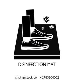 Man standing on disinfection mat to clean shoe from Covid-19 coronavirus and bacteria. Healthcare concept vector illustration in black and white.