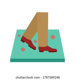 Man standing on disinfection mat to clean shoe from Covid-19 coronavirus and bacteria. Healthcare concept vector illustration on white background.