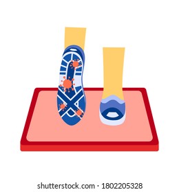 Man standing on disinfection mat to clean shoe from Covid-19 coronavirus and bacteria. Healthcare concept vector illustration.	
