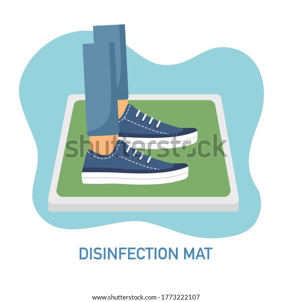 Man standing on disinfection mat to\
clean shoe from Covid-19 coronavirus and bacteria. Healthcare\
concept vector illustration on white\
background.	\
