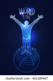 Man standing on the Earth with graphic mapping. Conceptual vector illustration of GPS navigation. Human with raised hands and globe. Hi-tech design