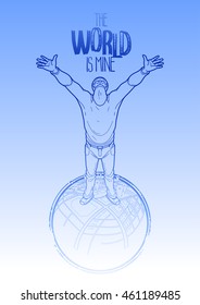 Man standing on the Earth with graphic mapping. Conceptual vector illustration of GPS navigation. Human with raised hands and globe. Coloring book page design for adults and kids