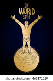 Man standing on the Earth with graphic mapping. Conceptual vector illustration of GPS navigation in golden colors. Human with raised hands and globe