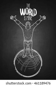 Man standing on the Earth with outline mapping. Conceptual vector illustration of GPS navigation. Human with raised hands and globe. Line art isolated on chalkboard