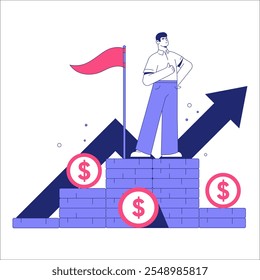 Hombre De Pie En El Podio Financiero Con Flechas Y Símbolos De Dólar En Ilustración vectorial Plana Que Simbolizan El Éxito, El Liderazgo Y La Riqueza, Aislado Sobre Fondo Blanco.