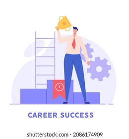 Man standing on first place podium holding golden cup. Happy employee celebrating victory. Career success. Concept of competition, professional growth, successful career. Flat vector illustration