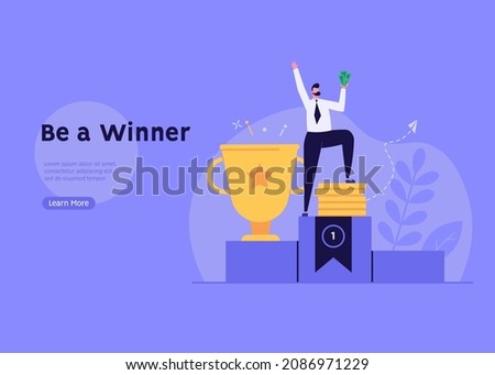 Man standing on first place podium holding golden cup. Happy winner celebrating victory. Business success. Concept of competition, award, successful business. Flat vector illustration for web banner