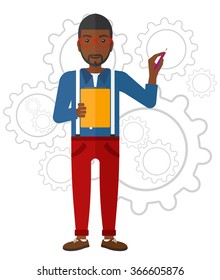 Man standing on gears background.