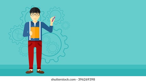 Man standing on gears background.