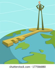 Man standing on globe with key, business success key