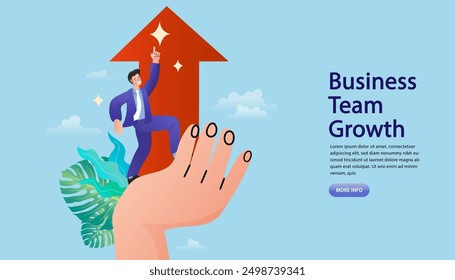 Man standing on hand and pushing arrows upward. business team growth concept. Get help in business, income increase, success. vector illustration.