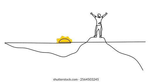 A man standing on a hilltop with a sunrise in continuous line drawing. Representing new beginnings, hope, and personal achievement. Vector illustration hand drawn.